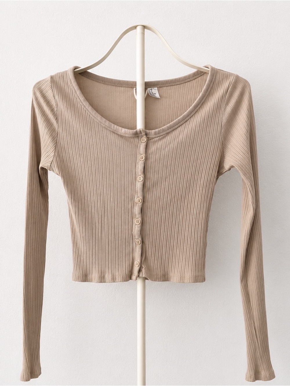 Ribbed Button-Front Long Sleeve Top - Beige